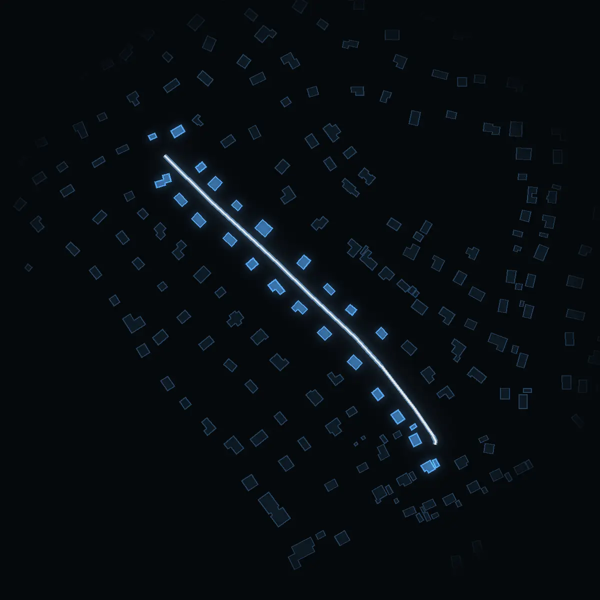 The street at night: Flemings väg drawn in white, its buildings lit in the colour of their area’s income