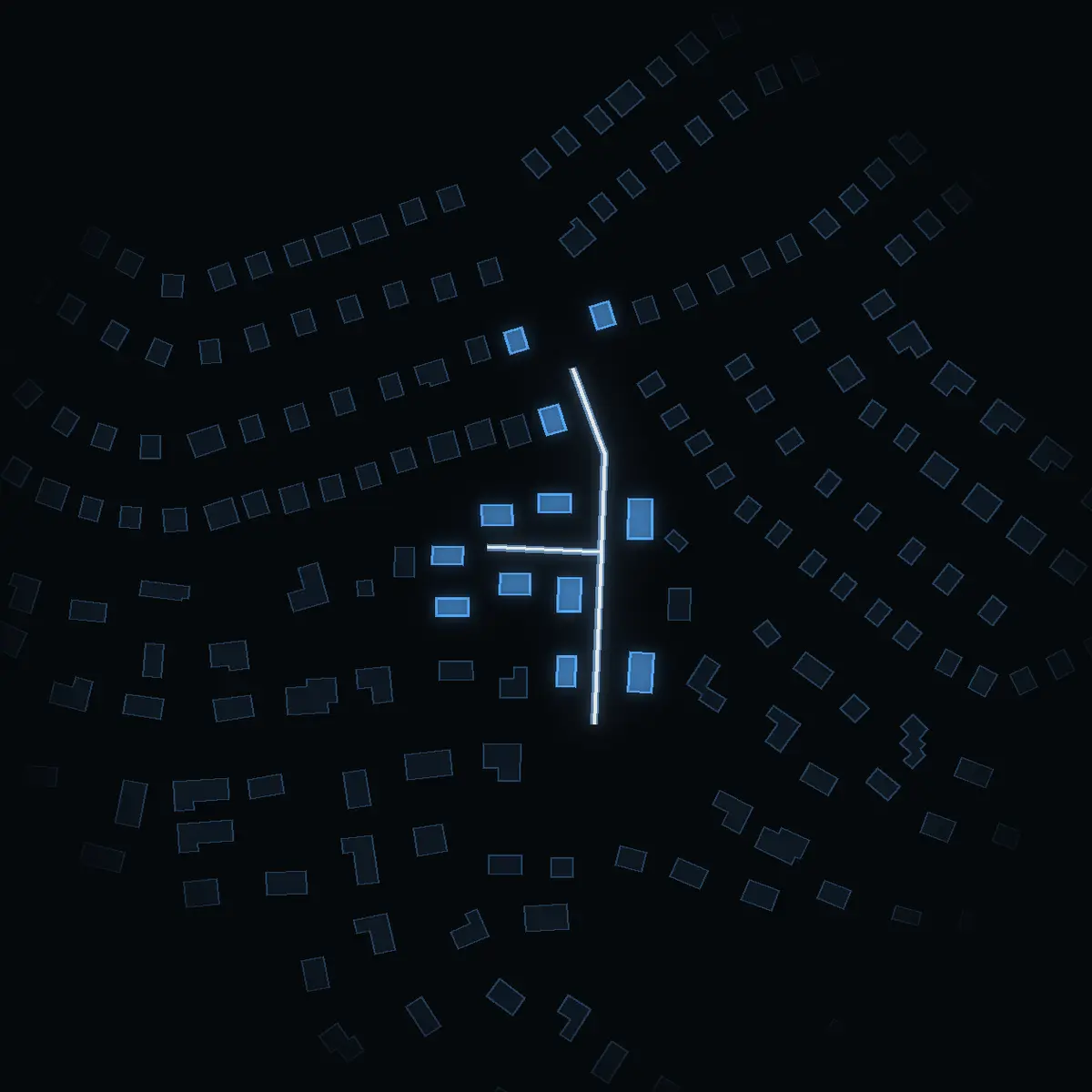 The street at night: Formarvägen drawn in white, its buildings lit in the colour of their area’s income