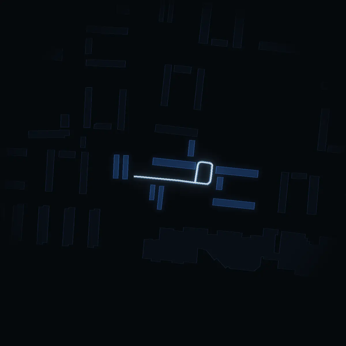 The street at night: Friggs Väg drawn in white, its buildings lit in the colour of their area’s income