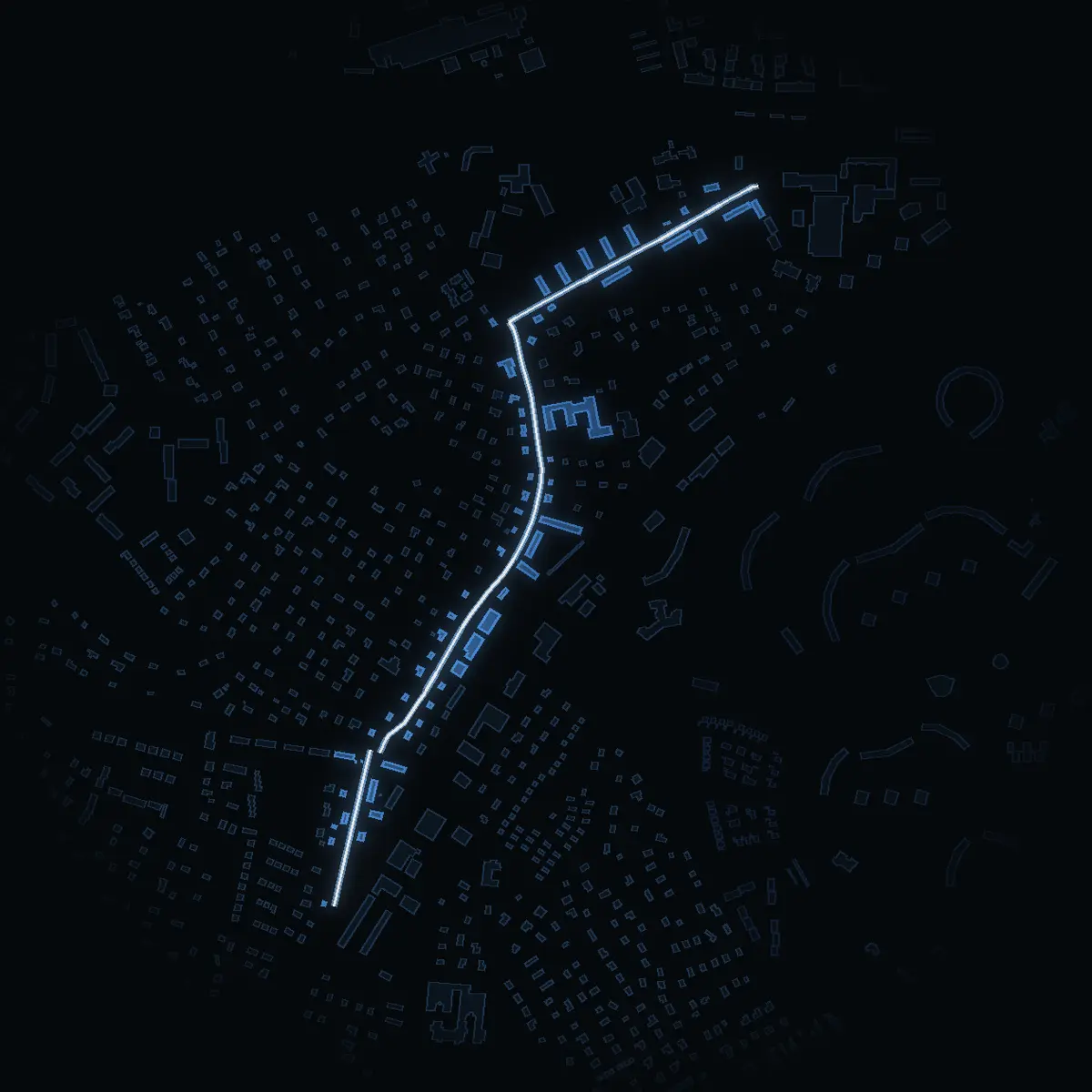 The street at night: Grödingevägen drawn in white, its buildings lit in the colour of their area’s income