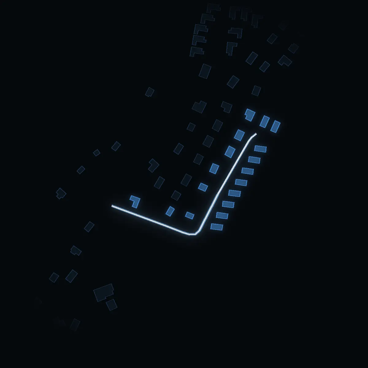 The street at night: Grusåsvägen drawn in white, its buildings lit in the colour of their area’s income