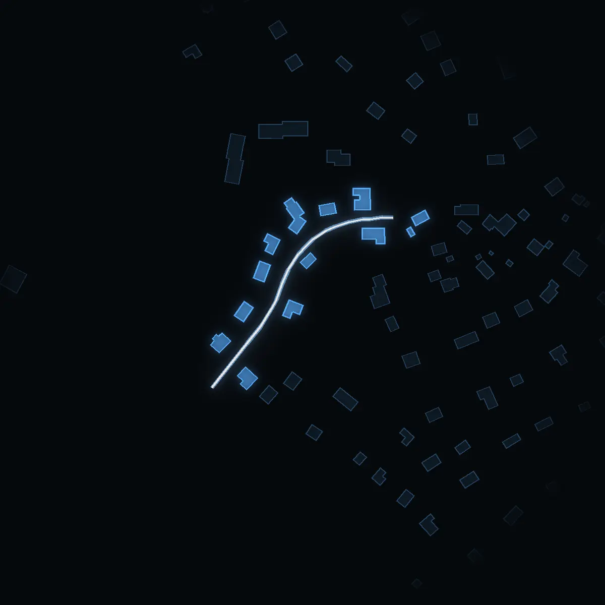 The street at night: Hålvasterssonsvägen drawn in white, its buildings lit in the colour of their area’s income