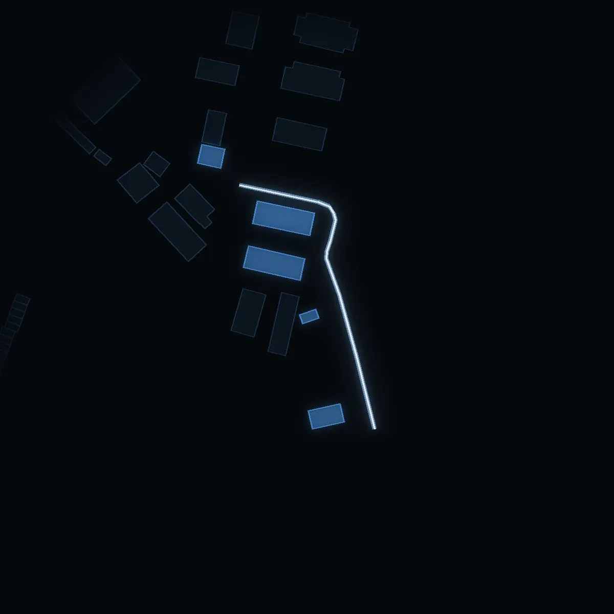 The street at night: Industrivägen drawn in white, its buildings lit in the colour of their area’s income