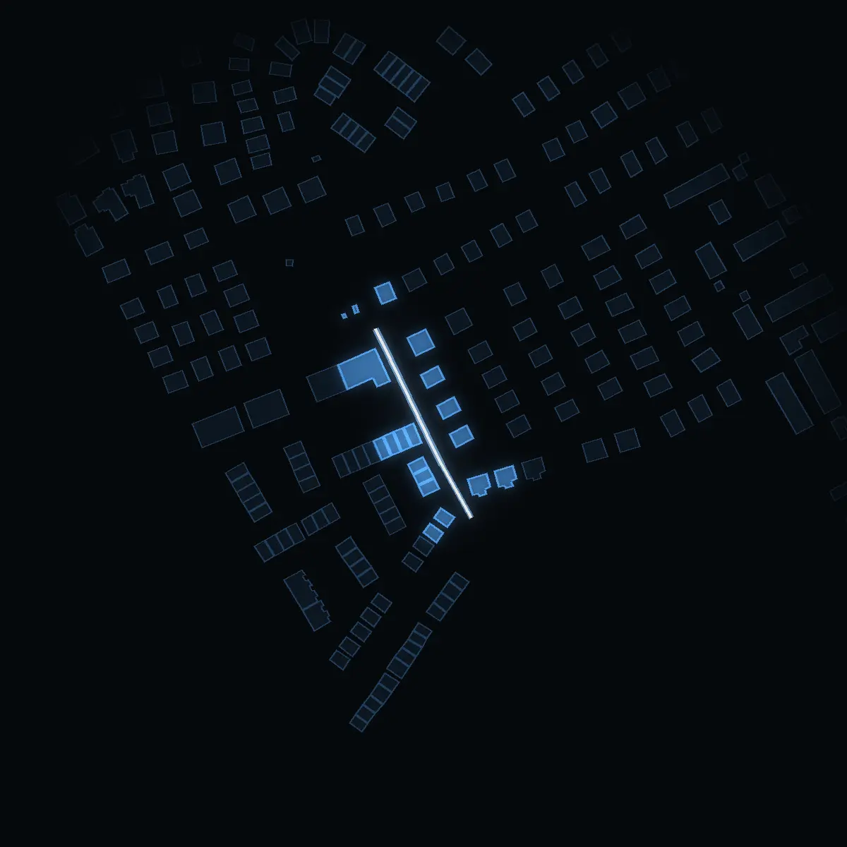 The street at night: Klättrarstigen drawn in white, its buildings lit in the colour of their area’s income