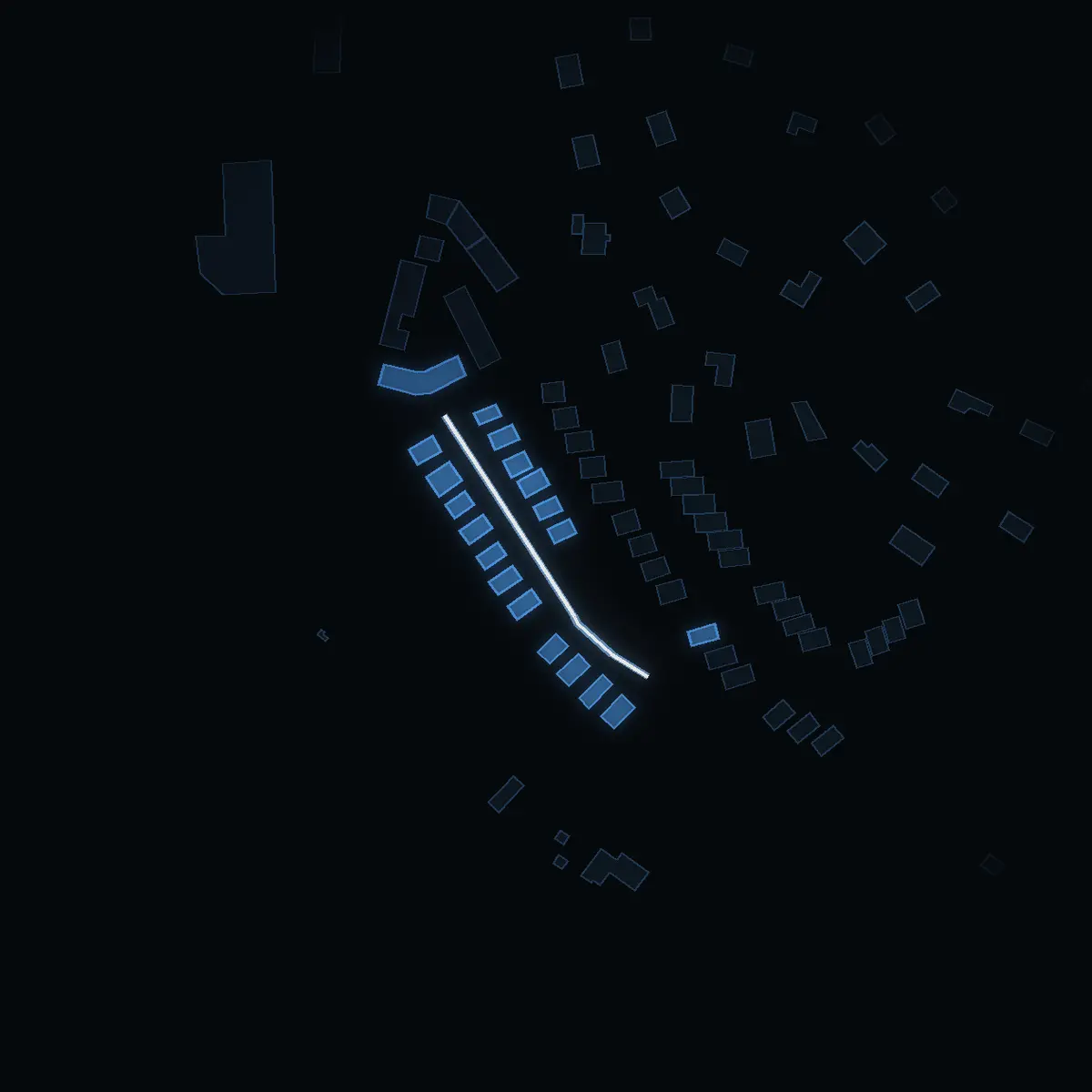 The street at night: Klockarvägen drawn in white, its buildings lit in the colour of their area’s income