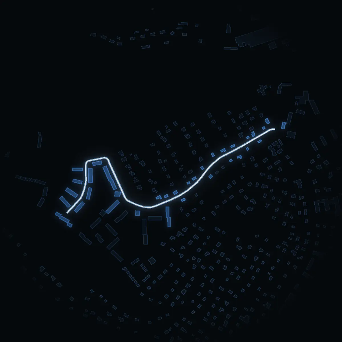 The street at night: Kyrkvärdsvägen drawn in white, its buildings lit in the colour of their area’s income