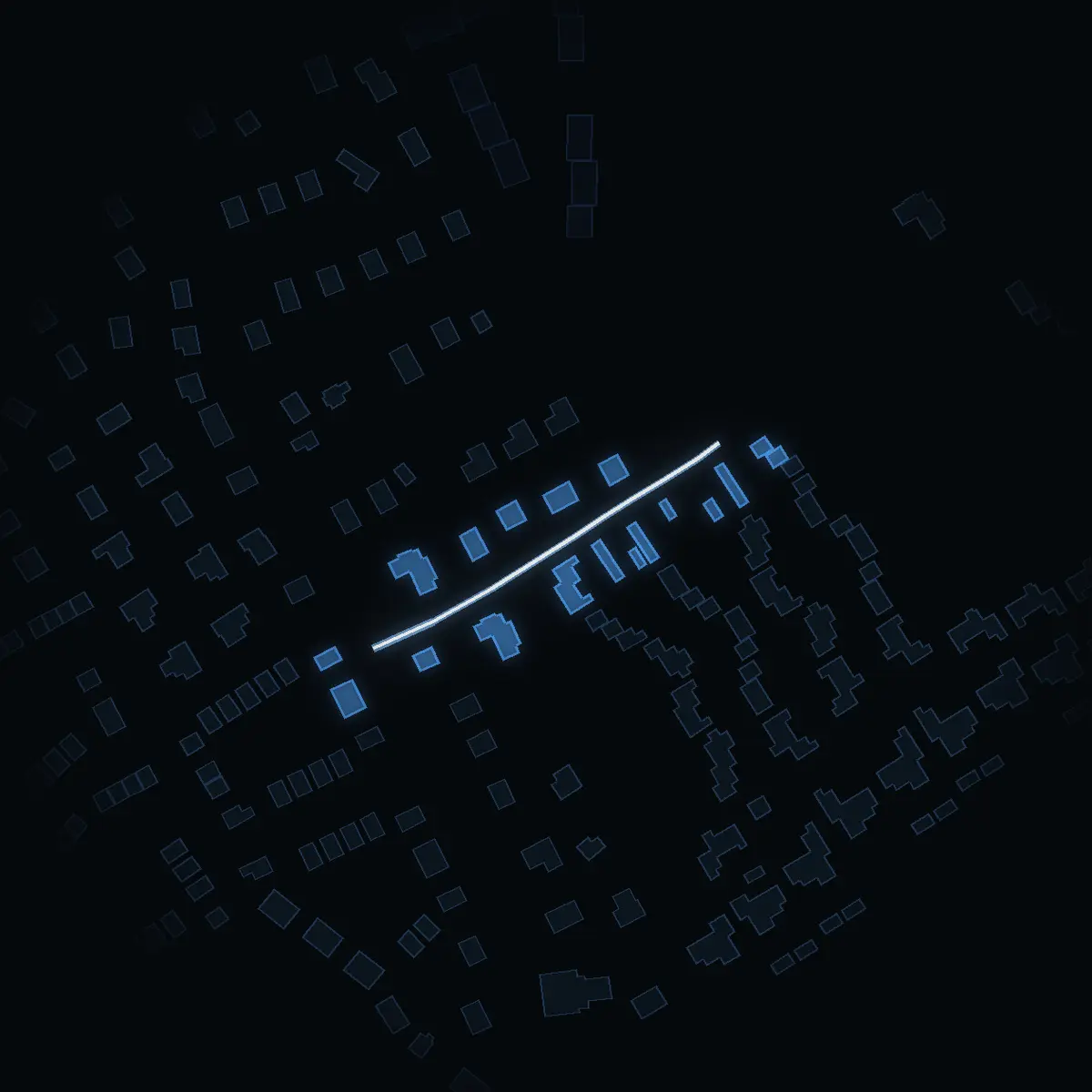 The street at night: Lantjägarvägen drawn in white, its buildings lit in the colour of their area’s income