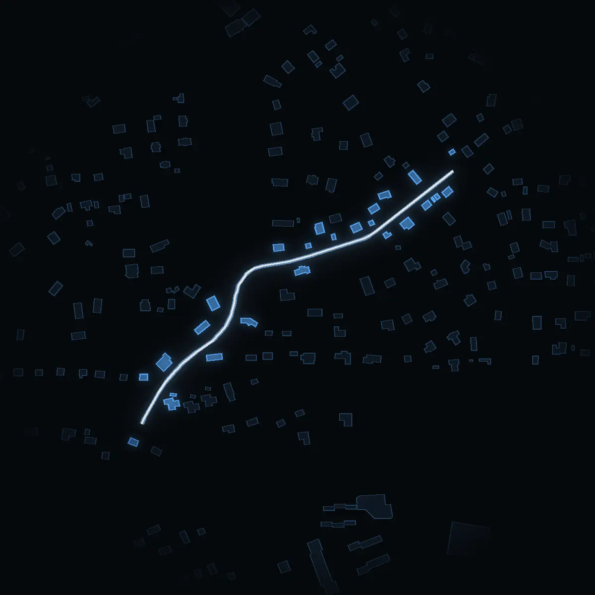 The street at night: Lönnvägen drawn in white, its buildings lit in the colour of their area’s income