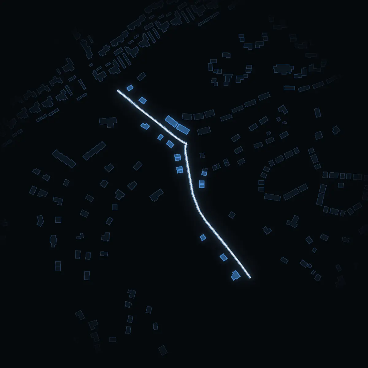 The street at night: Lövholmenvägen drawn in white, its buildings lit in the colour of their area’s income