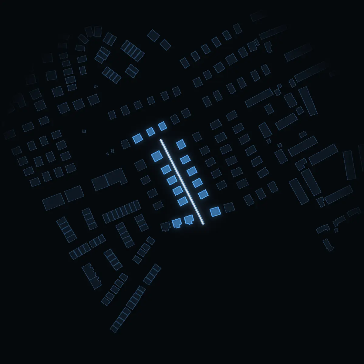 The street at night: Lufsarstigen drawn in white, its buildings lit in the colour of their area’s income