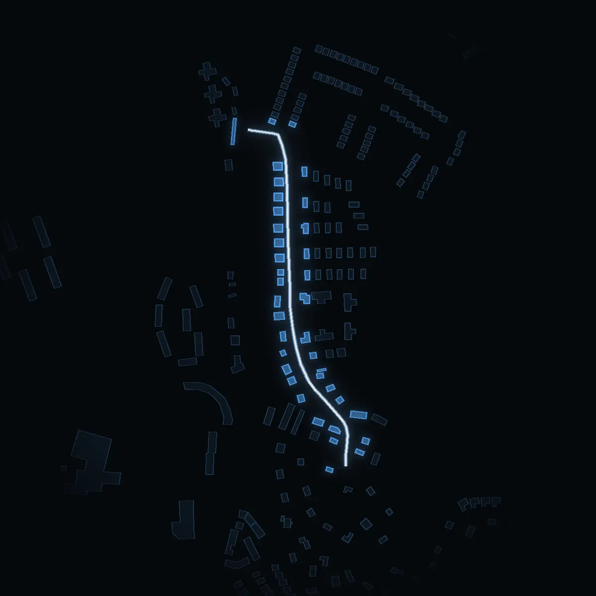 The street at night: Malmtorpvägen drawn in white, its buildings lit in the colour of their area’s income