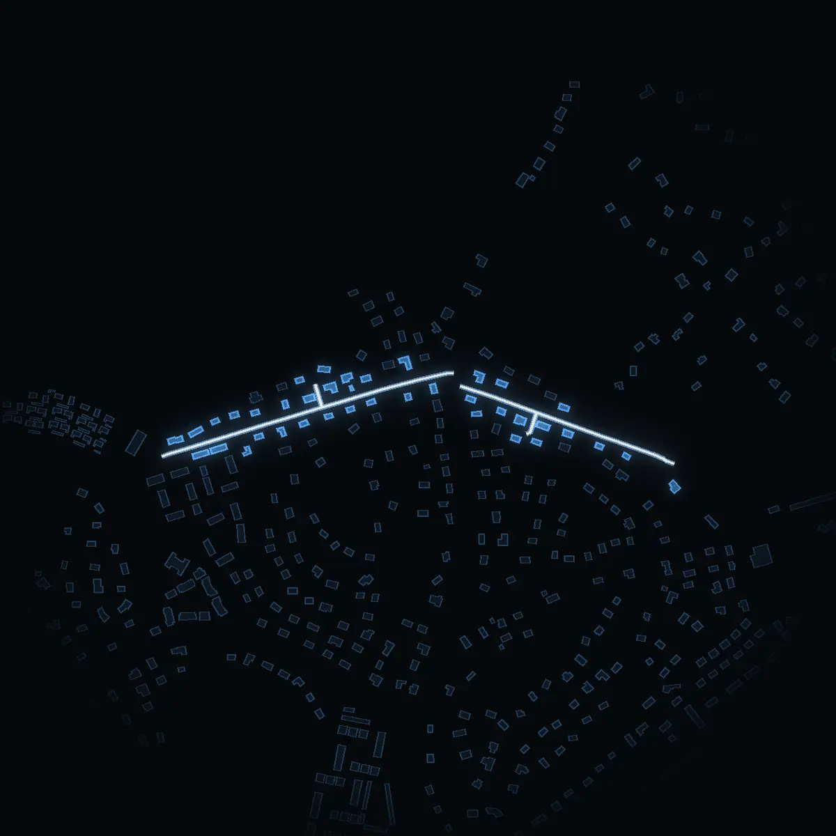 The street at night: Mellanbergsvägen drawn in white, its buildings lit in the colour of their area’s income
