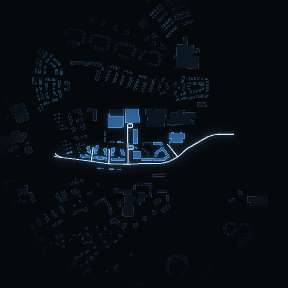 The street at night: Munkhättevägen drawn in white, its buildings lit in the colour of their area’s income