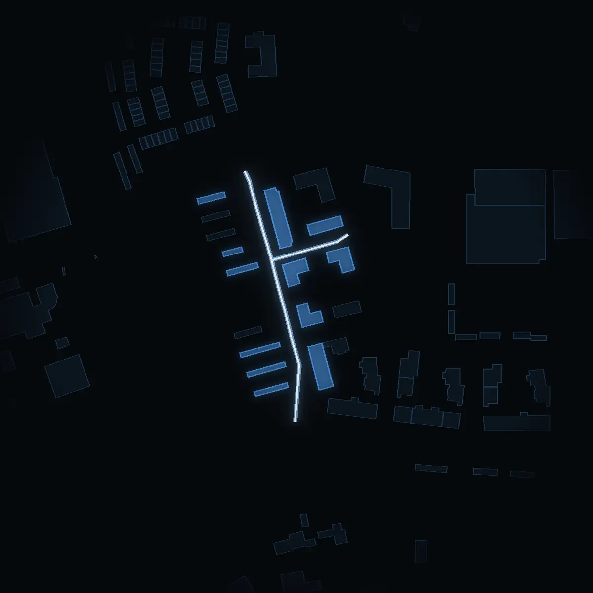 The street at night: Myntvägen drawn in white, its buildings lit in the colour of their area’s income