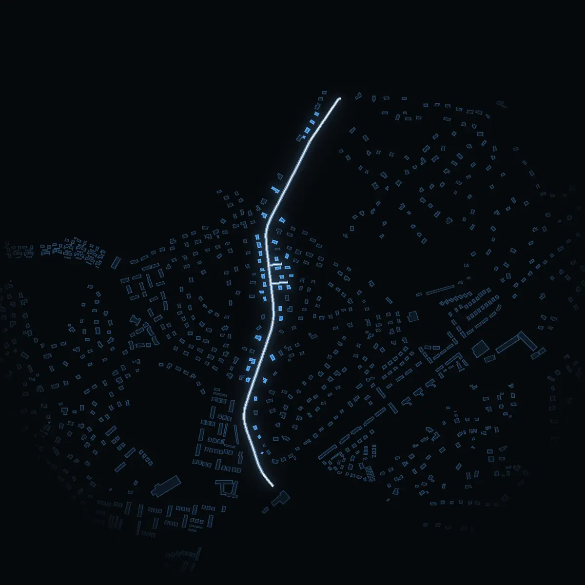The street at night: Nibblebacken drawn in white, its buildings lit in the colour of their area’s income