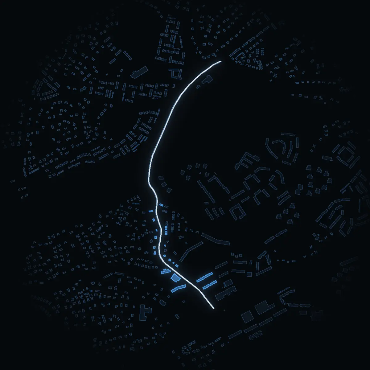 The street at night: Nibblevägen drawn in white, its buildings lit in the colour of their area’s income