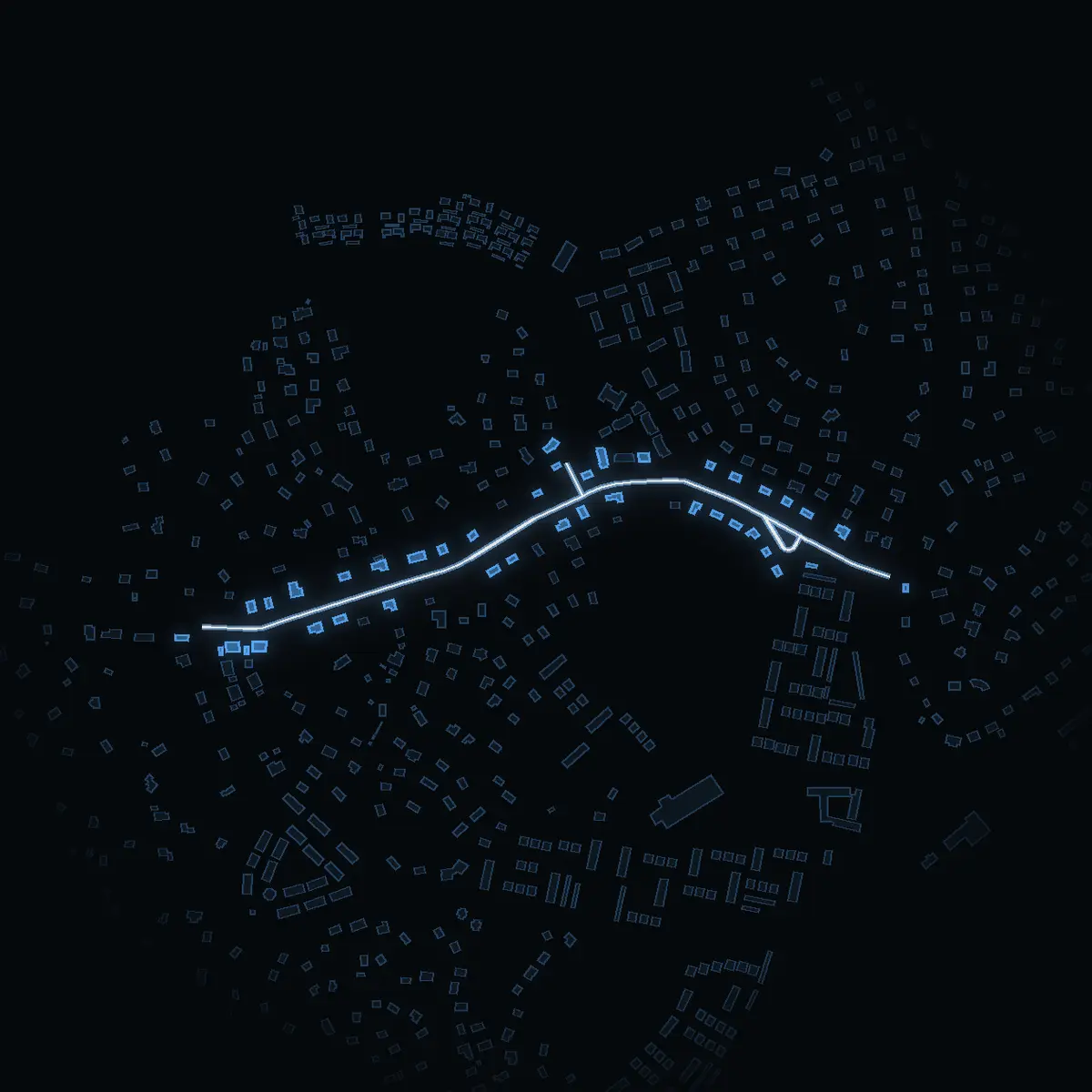 The street at night: Norra Parkhemsvägen drawn in white, its buildings lit in the colour of their area’s income