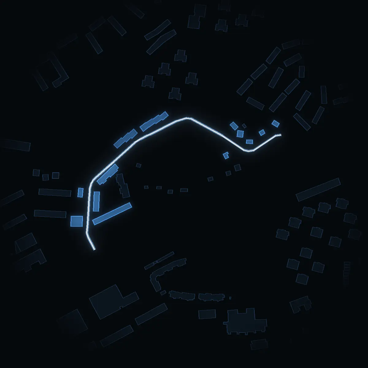 The street at night: Nyängsvägen drawn in white, its buildings lit in the colour of their area’s income