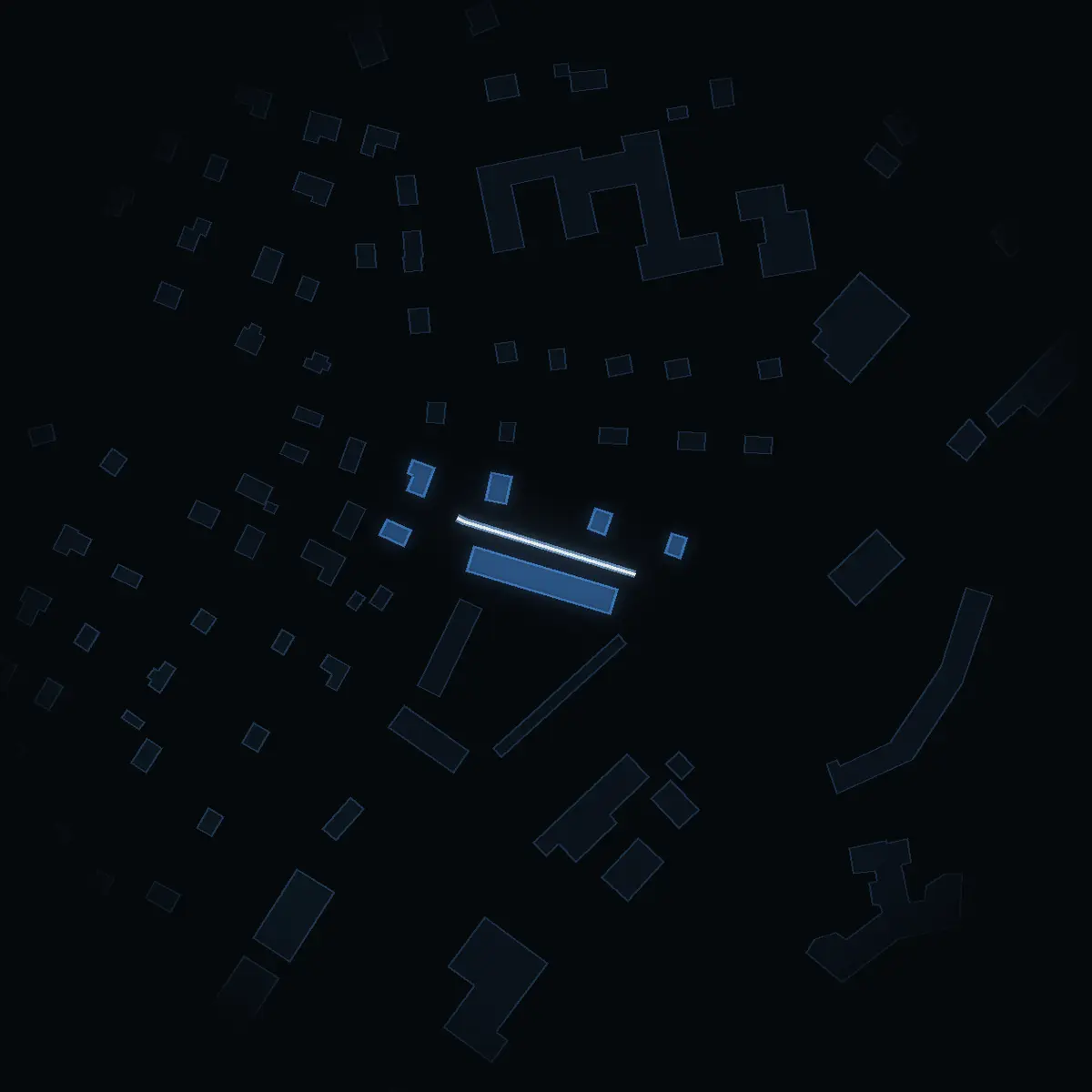 The street at night: Olovsvägen drawn in white, its buildings lit in the colour of their area’s income
