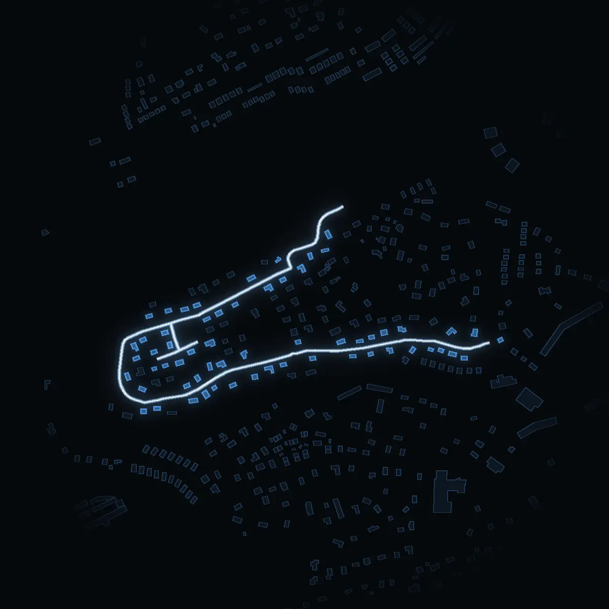 The street at night: Örnbergsvägen drawn in white, its buildings lit in the colour of their area’s income