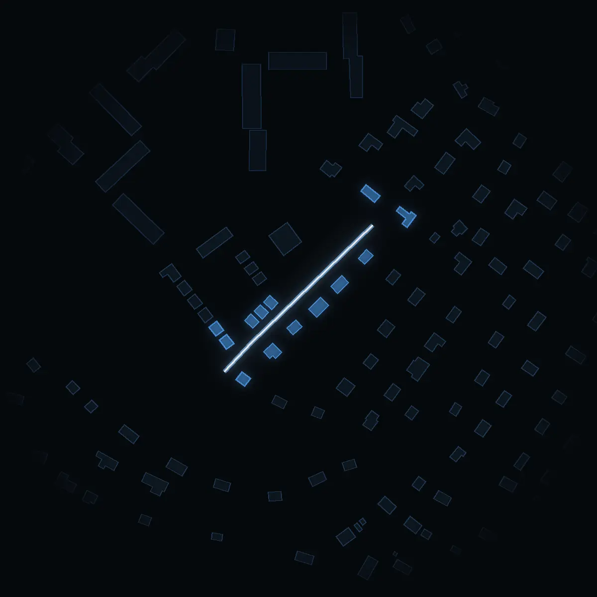 The street at night: Parkvägen drawn in white, its buildings lit in the colour of their area’s income