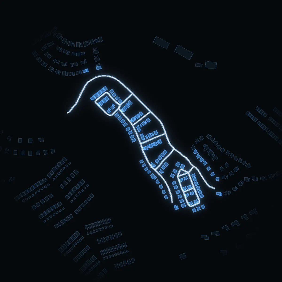The street at night: Planetbacken drawn in white, its buildings lit in the colour of their area’s income