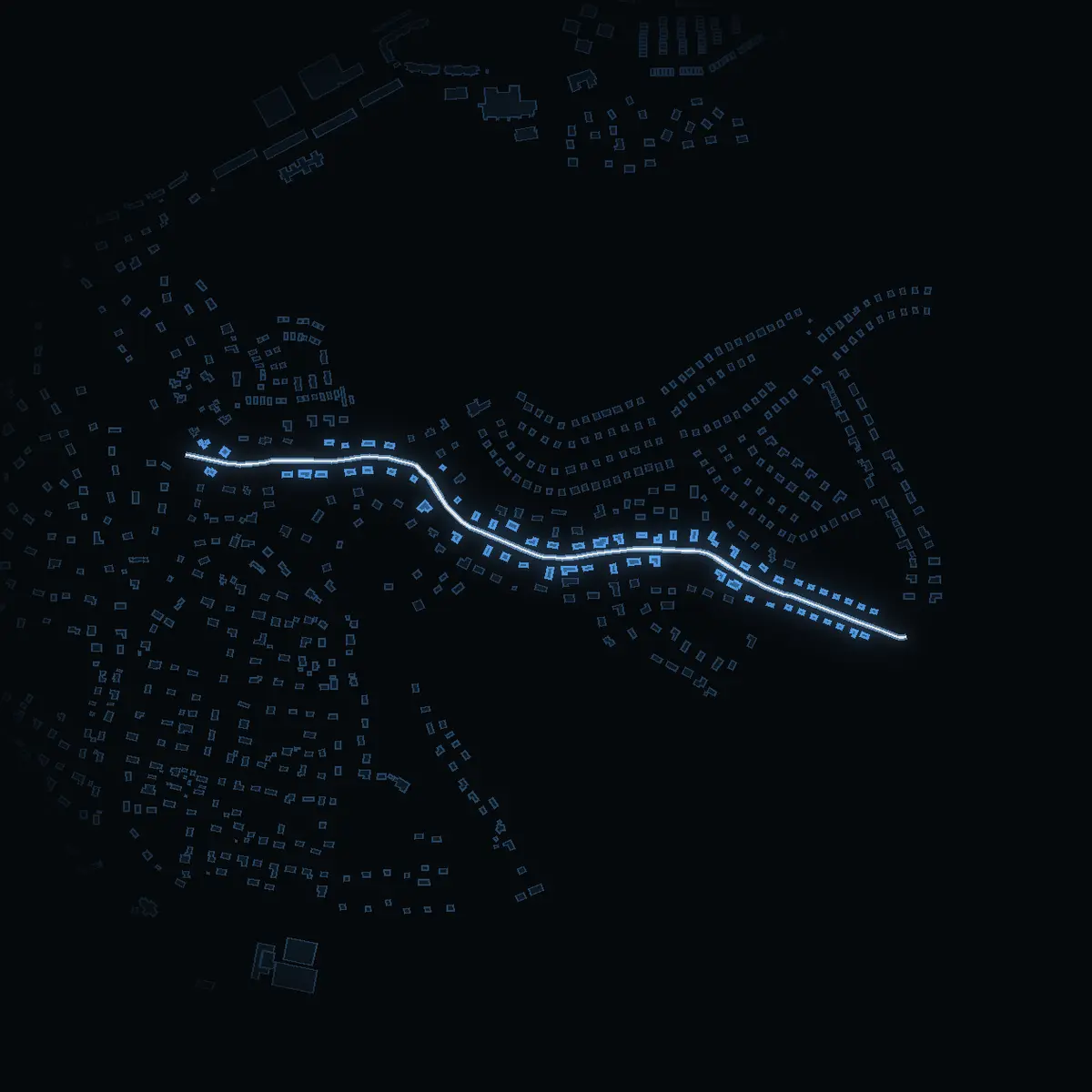 The street at night: Skogshemsvägen drawn in white, its buildings lit in the colour of their area’s income