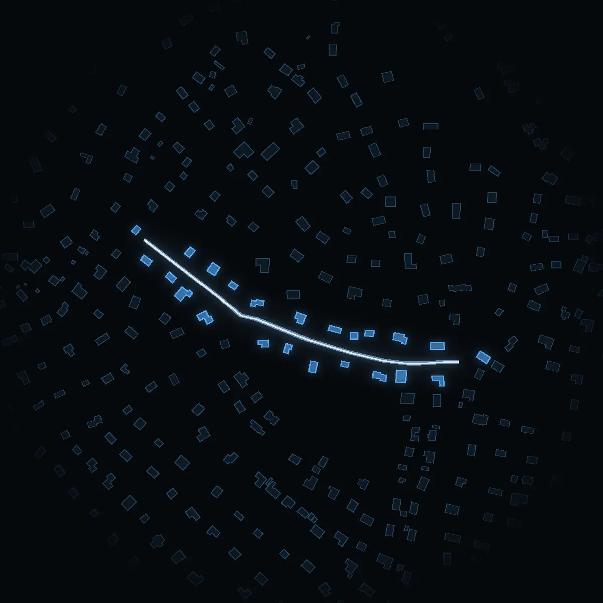 The street at night: Skogslidsvägen drawn in white, its buildings lit in the colour of their area’s income