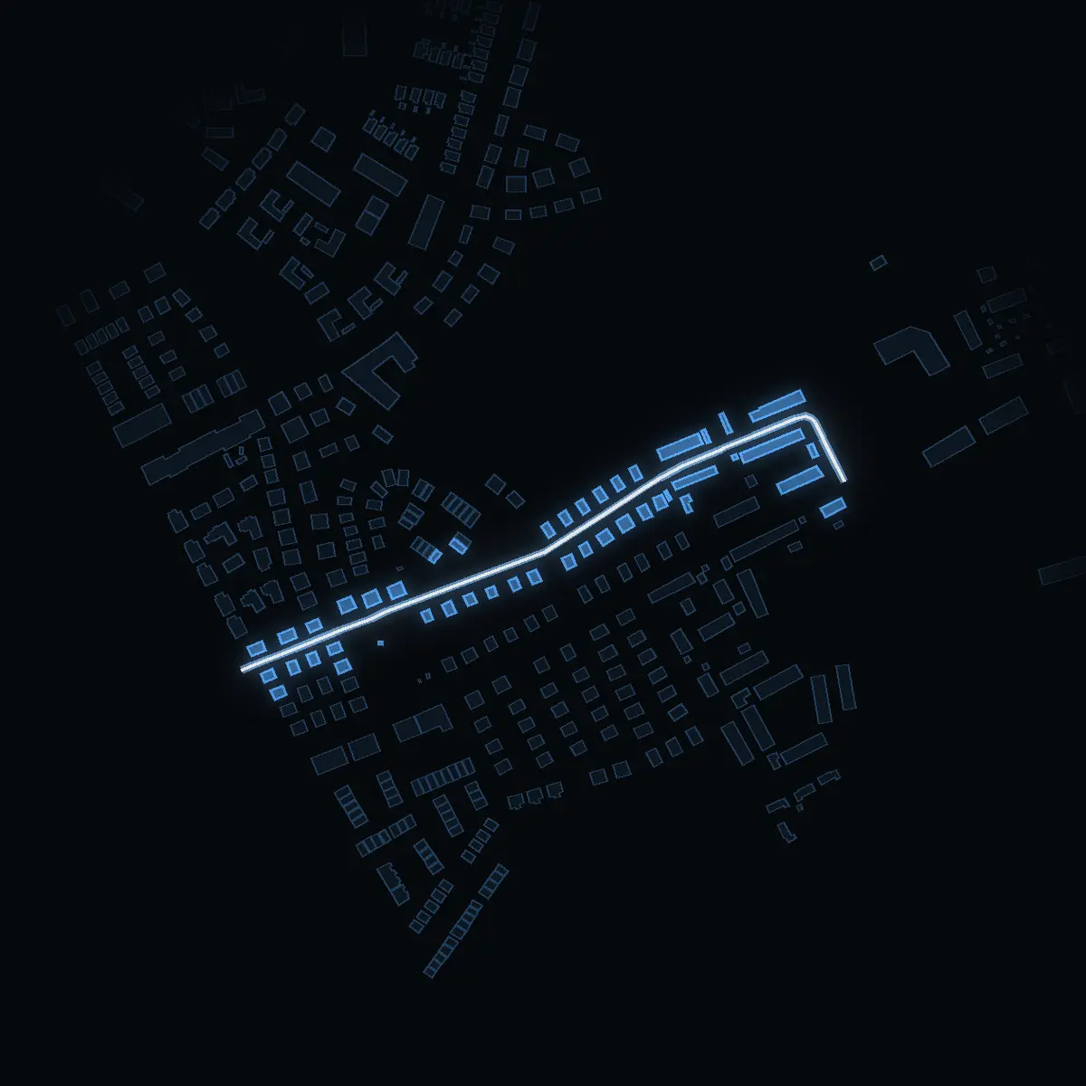 The street at night: Skogsmulles väg drawn in white, its buildings lit in the colour of their area’s income