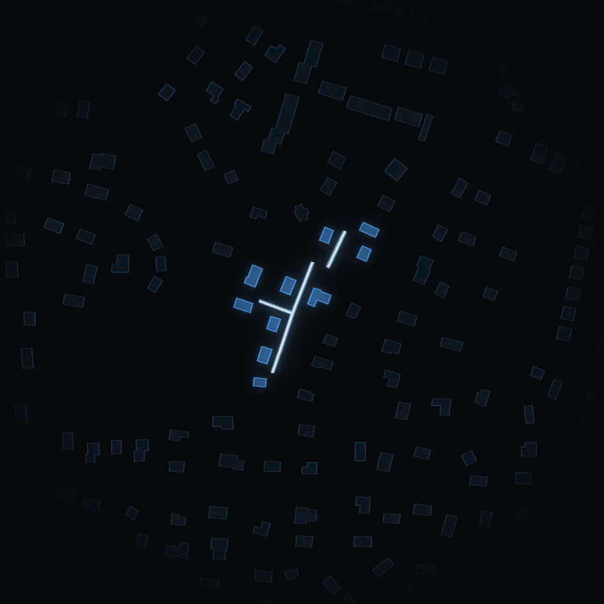 The street at night: Skräfstavägen drawn in white, its buildings lit in the colour of their area’s income