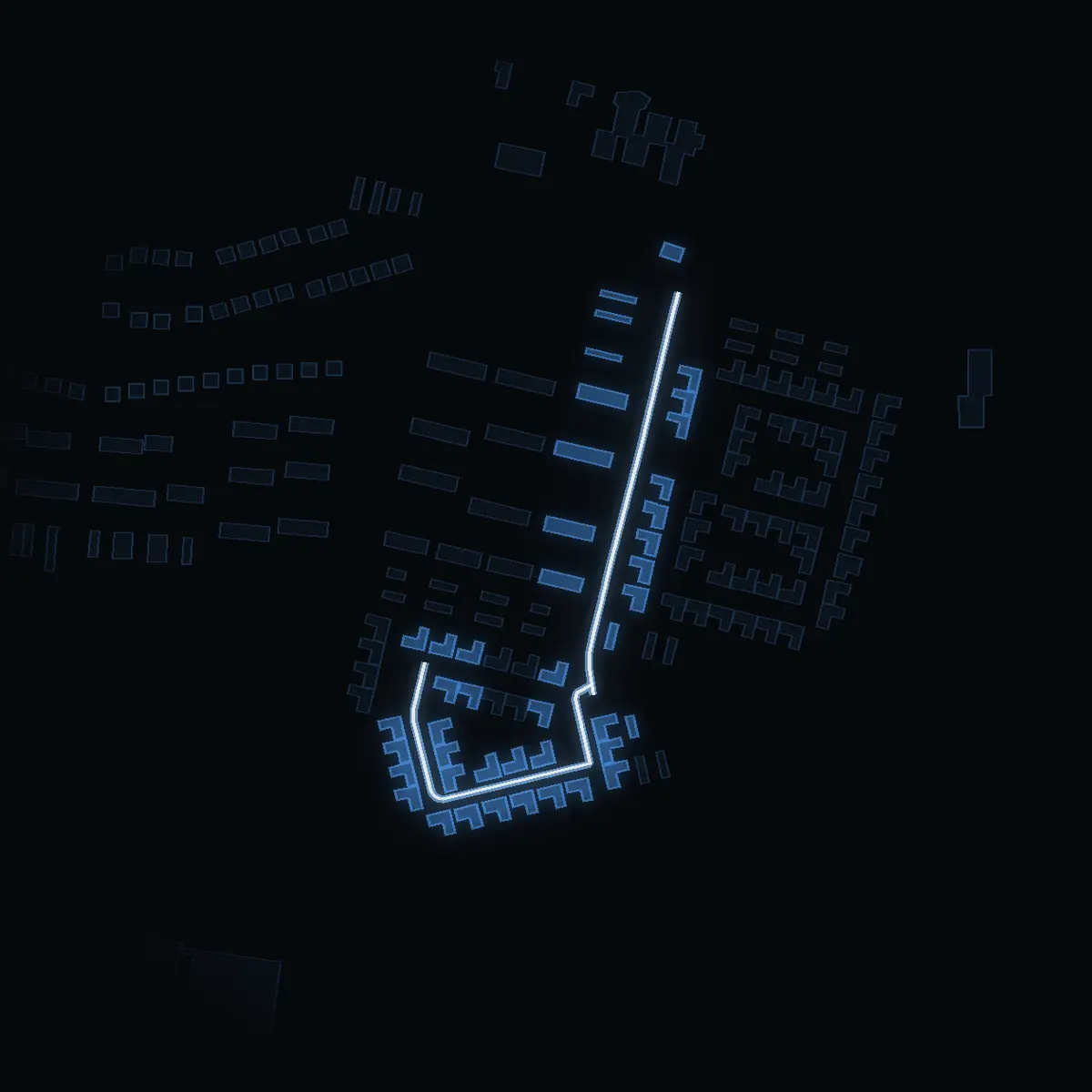 The street at night: Slagsta backe drawn in white, its buildings lit in the colour of their area’s income