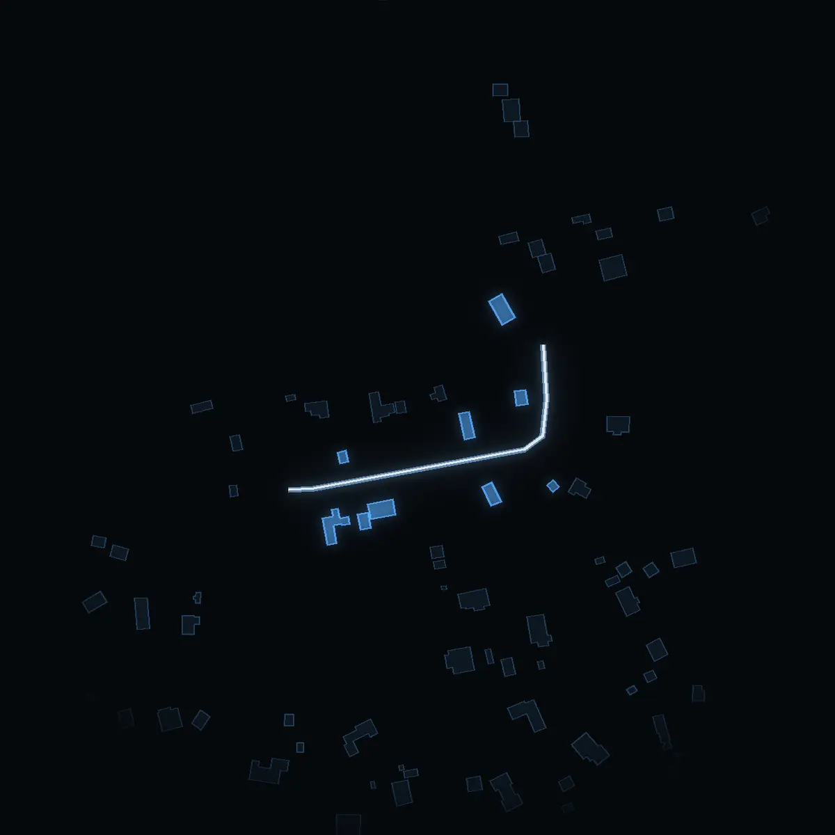 The street at night: Smedstorpsvägen drawn in white, its buildings lit in the colour of their area’s income