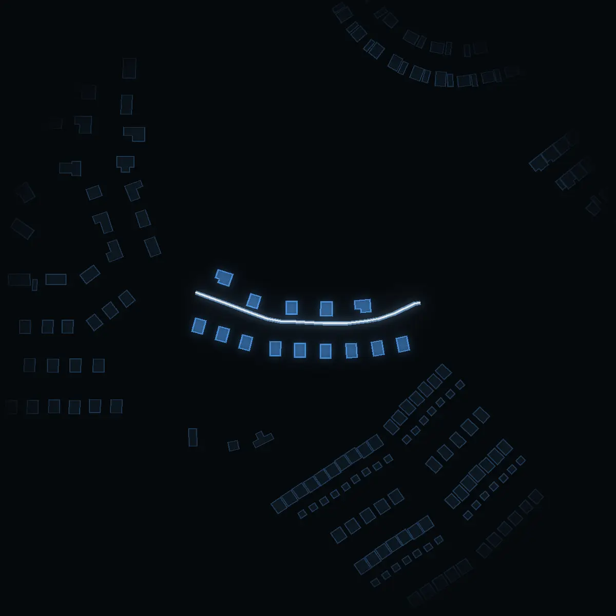 The street at night: Snårvägen drawn in white, its buildings lit in the colour of their area’s income
