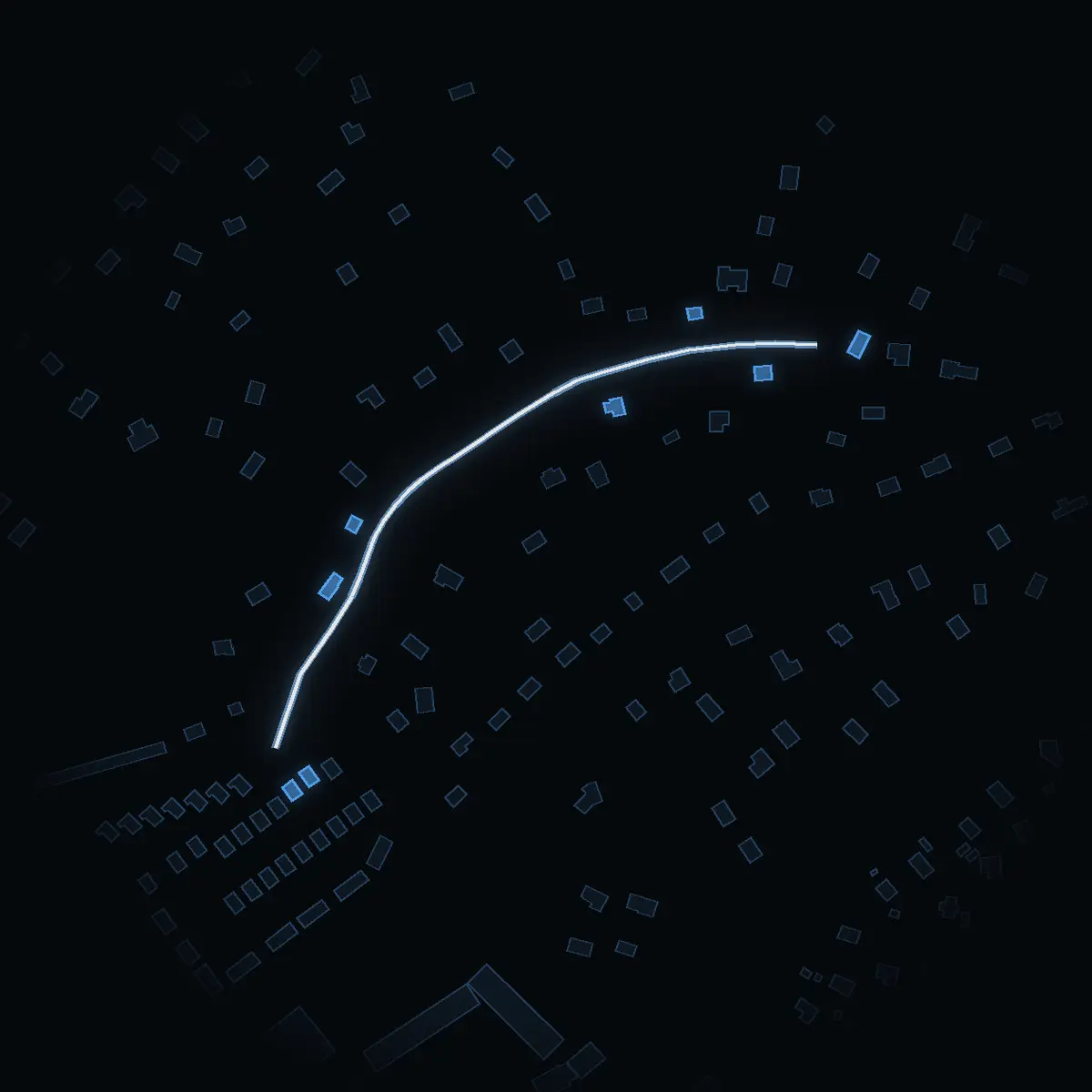 The street at night: Snödroppsvägen drawn in white, its buildings lit in the colour of their area’s income