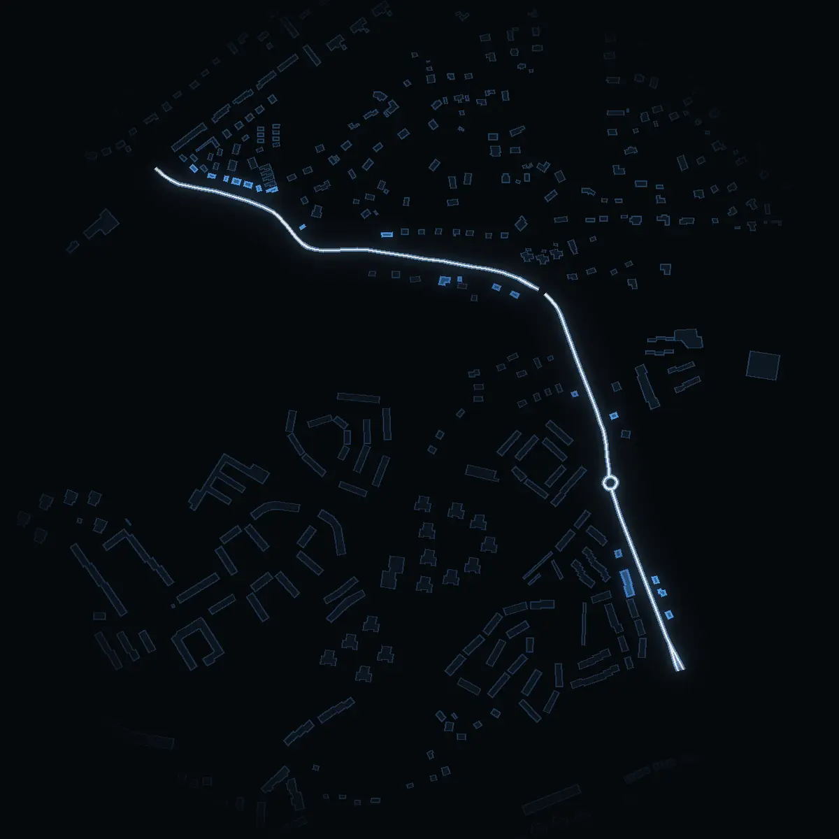 The street at night: Södra Parkhemsvägen drawn in white, its buildings lit in the colour of their area’s income