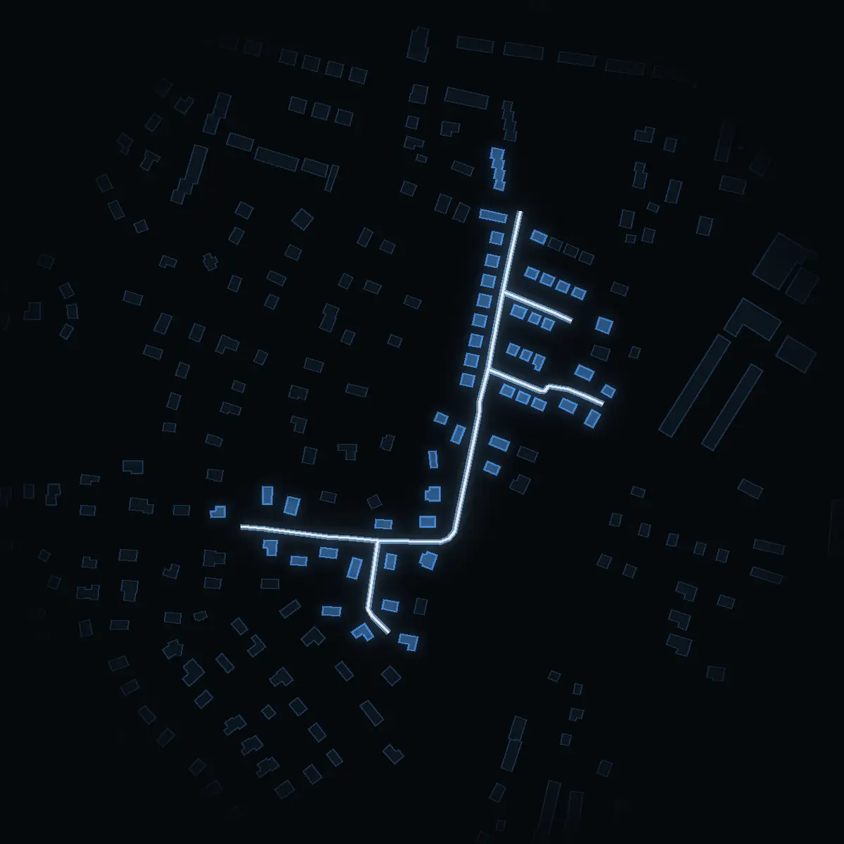 The street at night: Soltorpsvägen drawn in white, its buildings lit in the colour of their area’s income