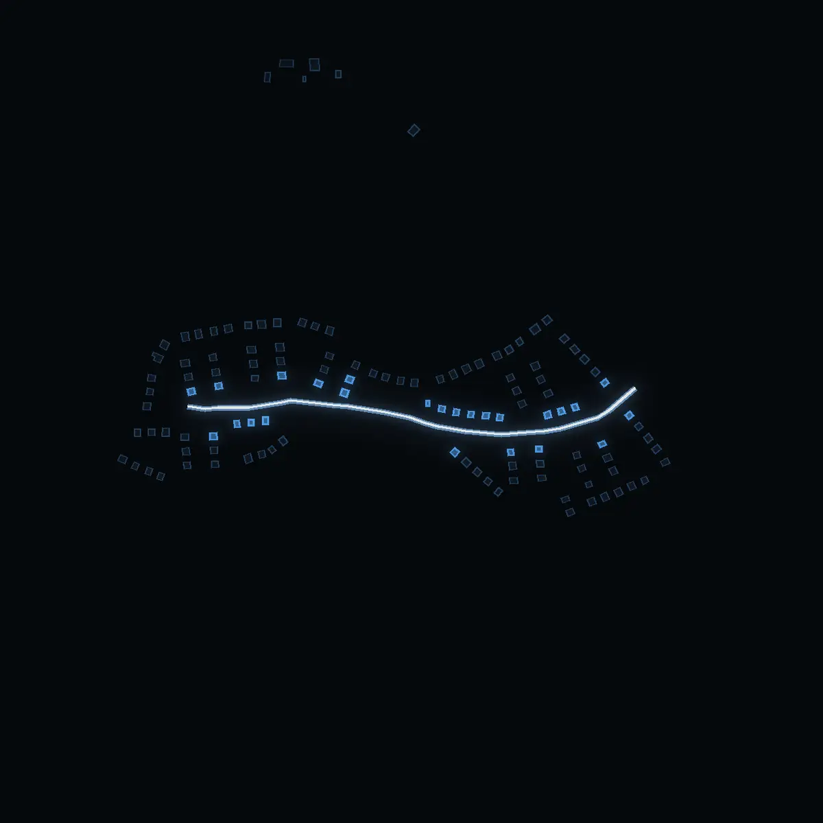 The street at night: Sommarvägen drawn in white, its buildings lit in the colour of their area’s income