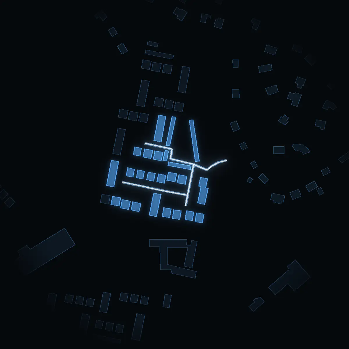 The street at night: Sörgårdsvägen drawn in white, its buildings lit in the colour of their area’s income