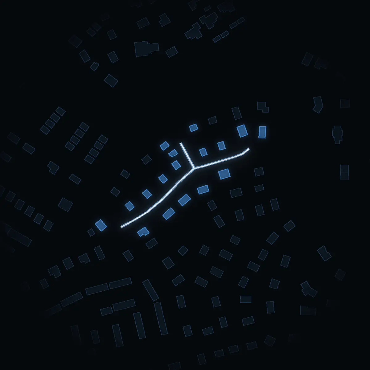 The street at night: Sparvhöksvägen drawn in white, its buildings lit in the colour of their area’s income