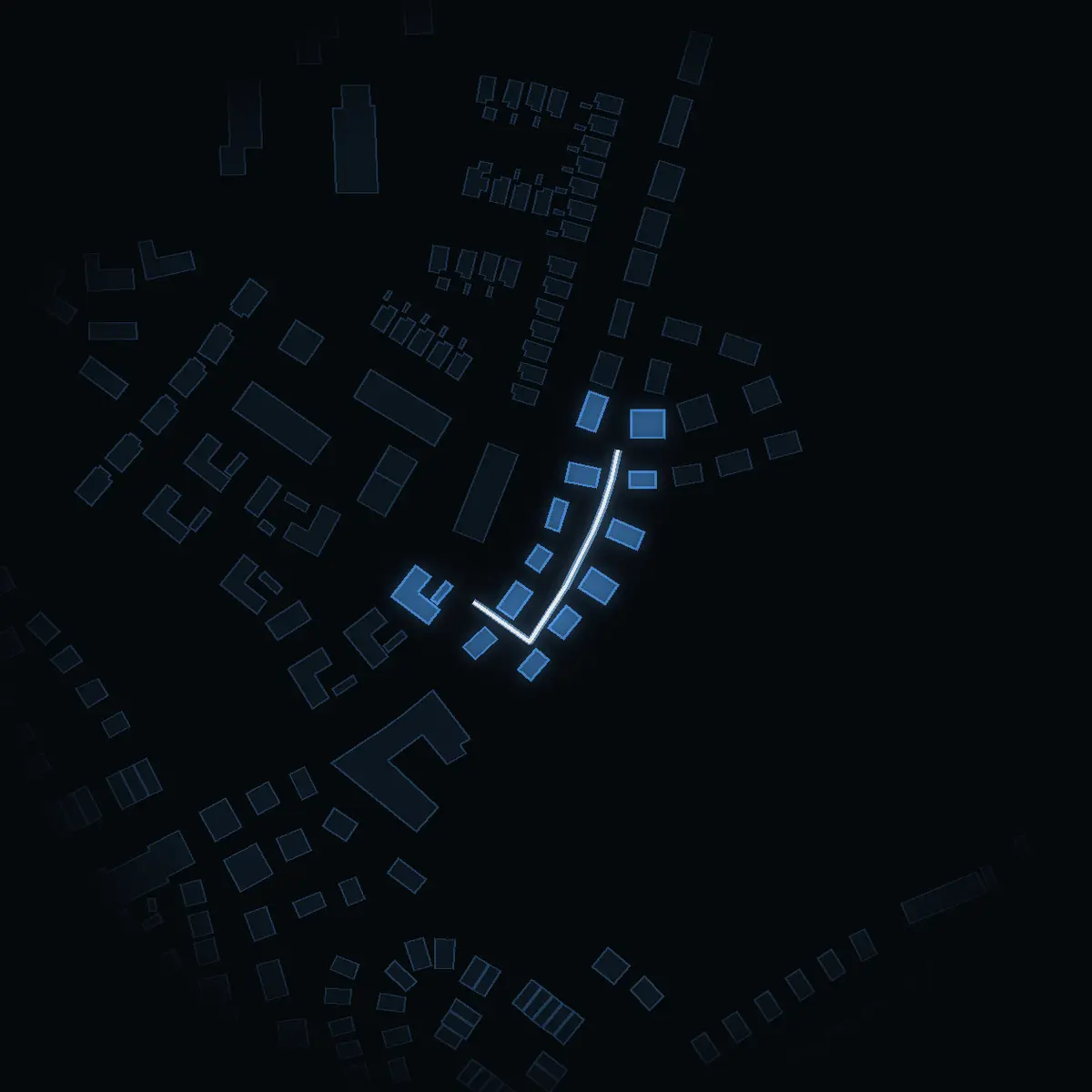 The street at night: Stavgången drawn in white, its buildings lit in the colour of their area’s income