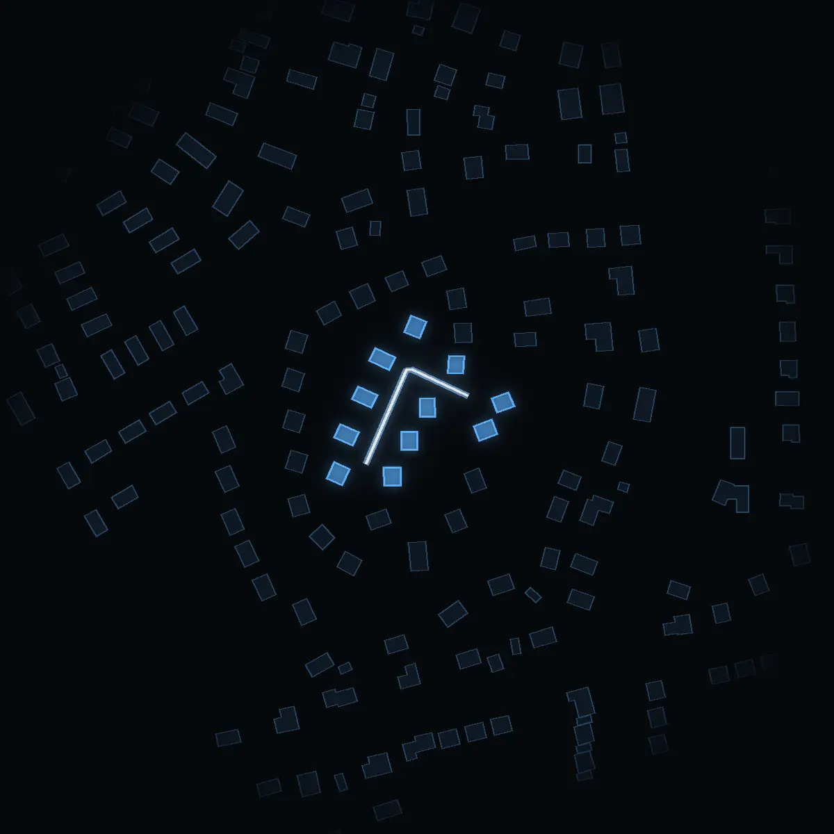 The street at night: Stråles väg drawn in white, its buildings lit in the colour of their area’s income