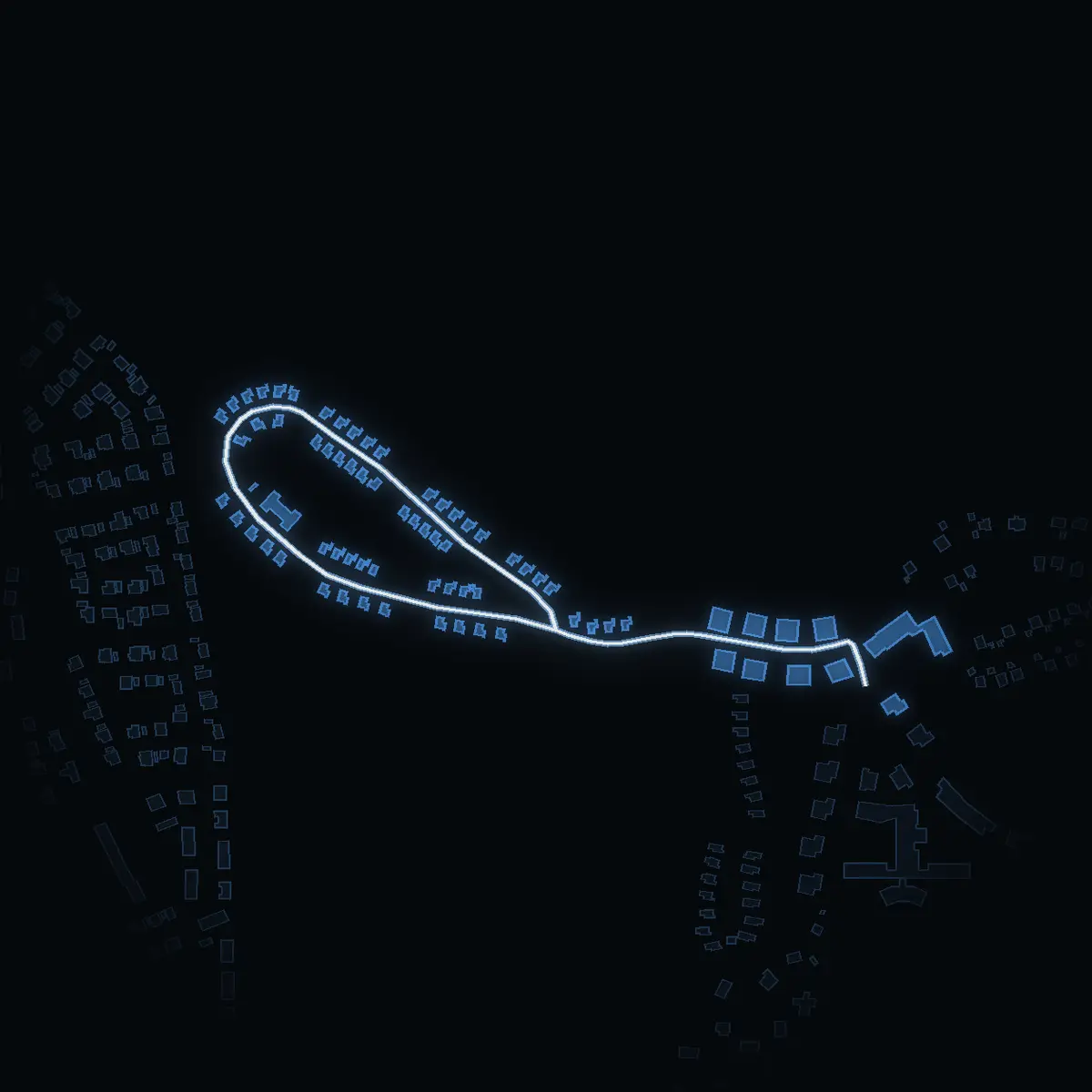 The street at night: Tant Gröns Väg drawn in white, its buildings lit in the colour of their area’s income