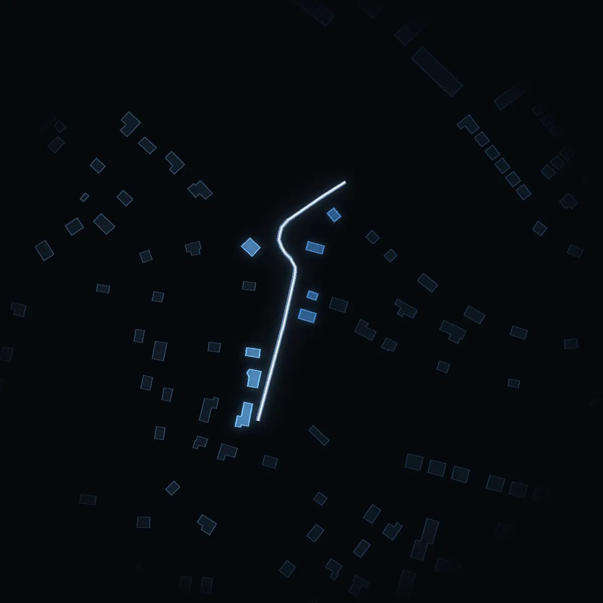 The street at night: Täppstigen drawn in white, its buildings lit in the colour of their area’s income