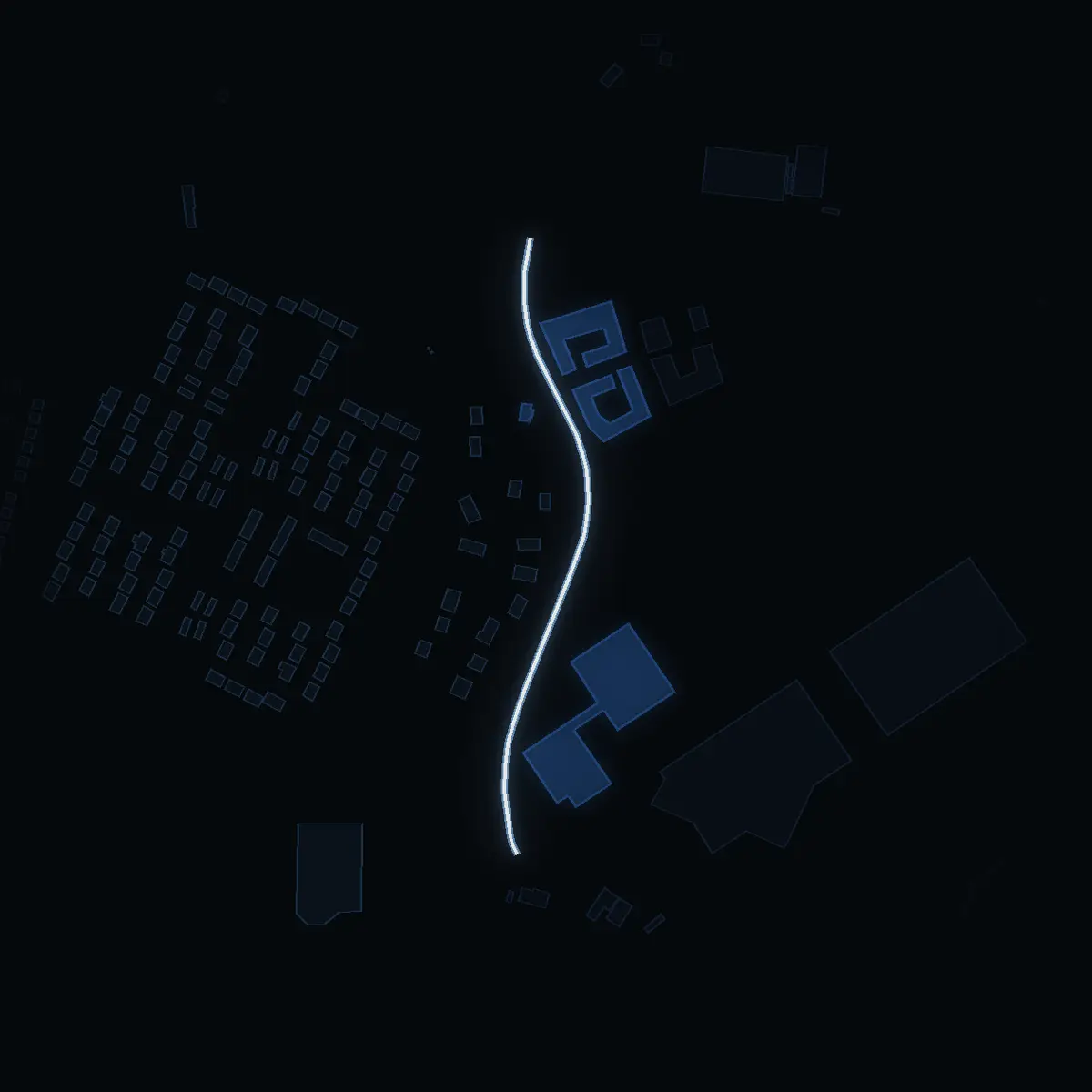 The street at night: Tegelängsvägen drawn in white, its buildings lit in the colour of their area’s income