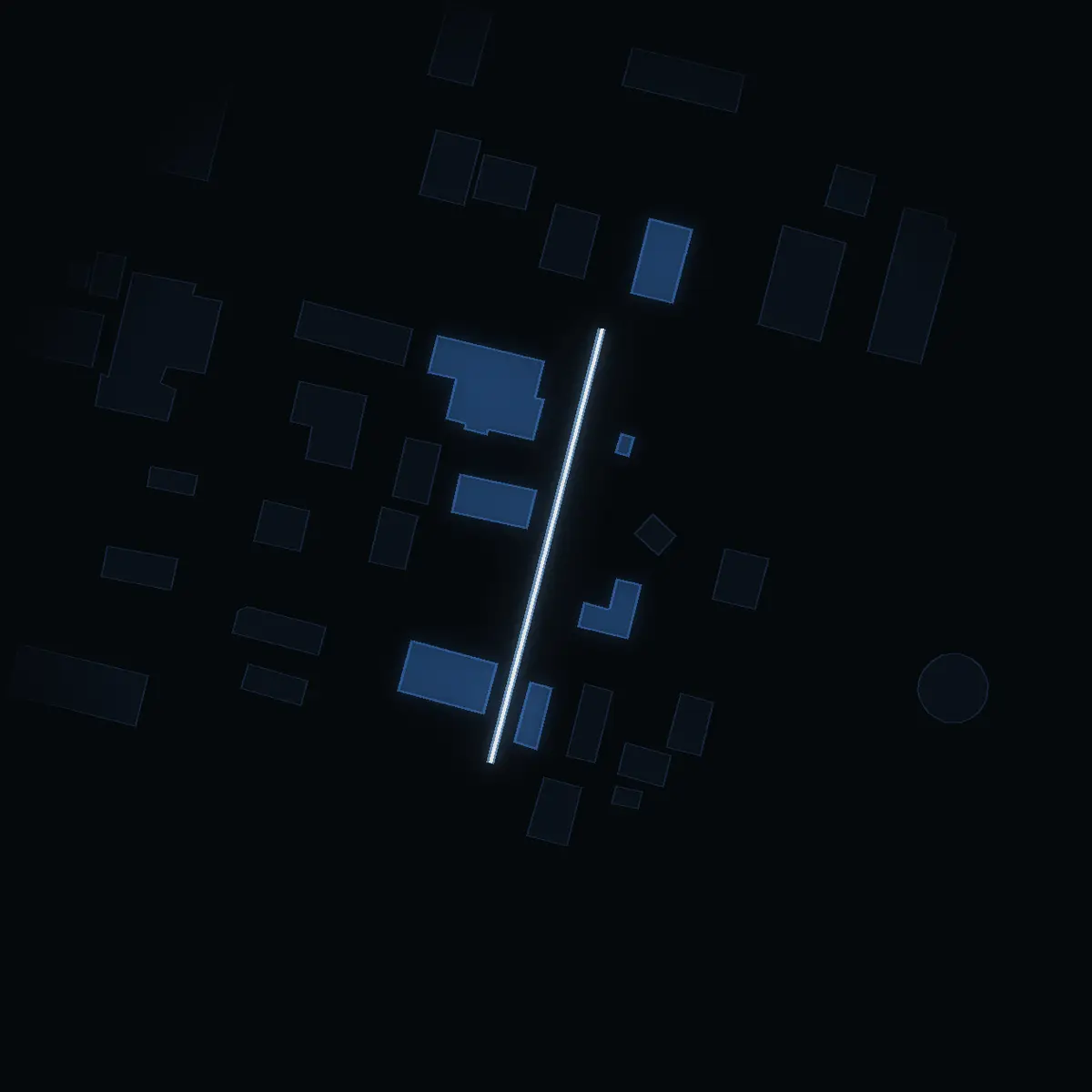 The street at night: Terrängvägen drawn in white, its buildings lit in the colour of their area’s income