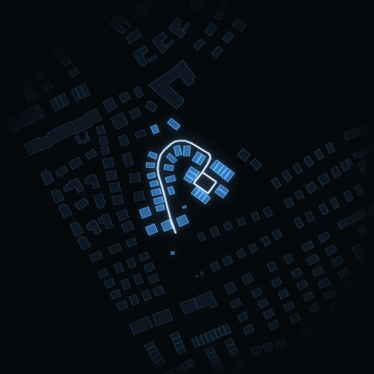The street at night: Tornkroken drawn in white, its buildings lit in the colour of their area’s income