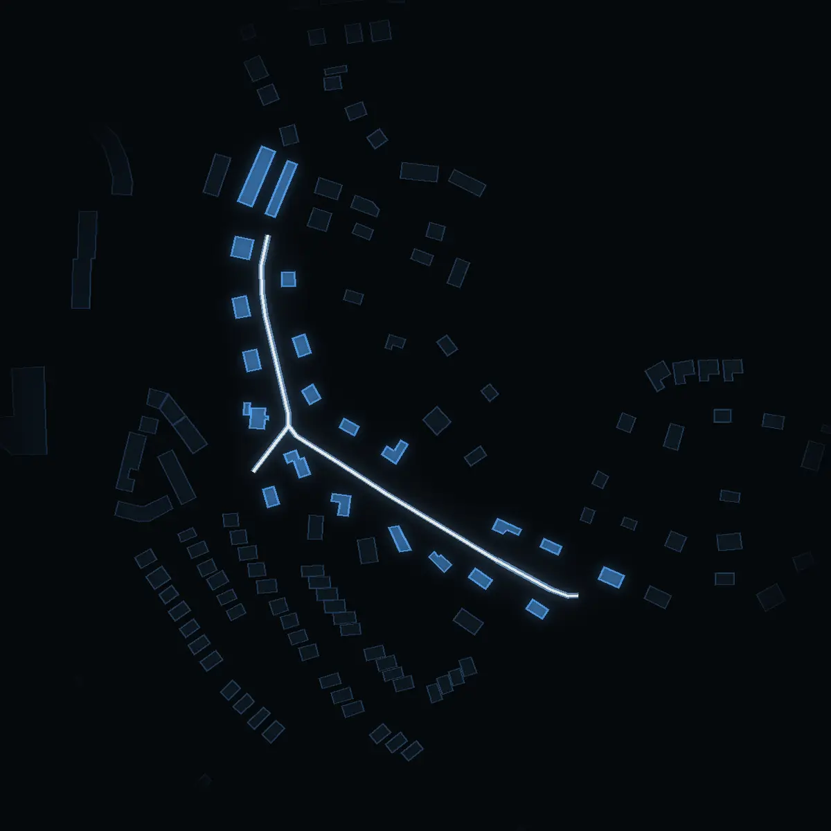 The street at night: Tornvägen drawn in white, its buildings lit in the colour of their area’s income