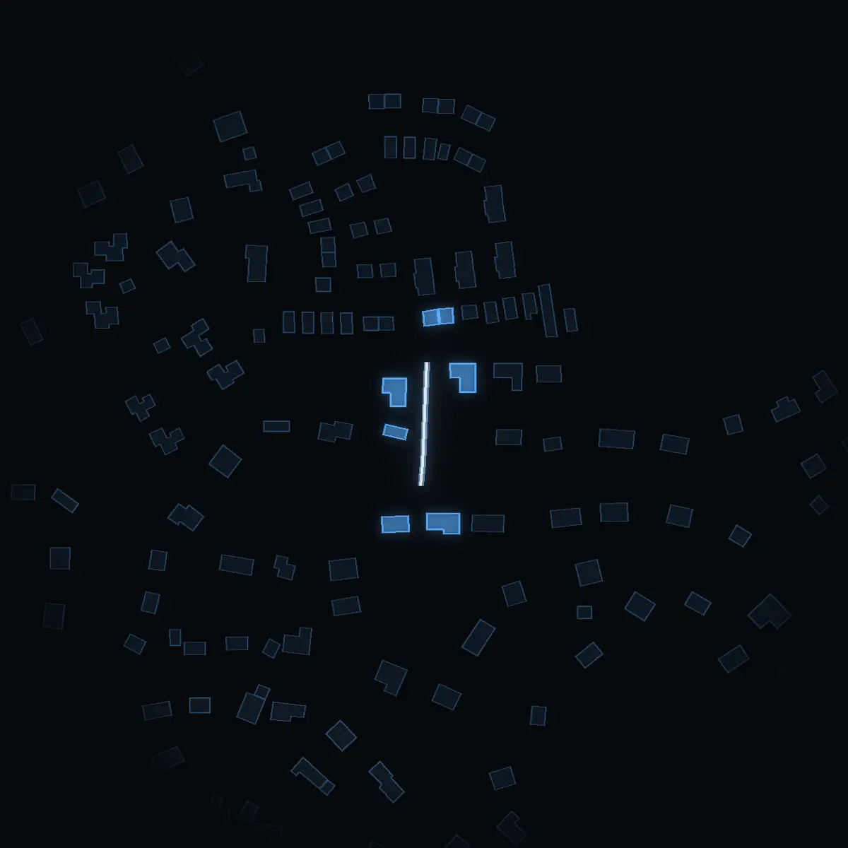 The street at night: Transformatorvägen drawn in white, its buildings lit in the colour of their area’s income