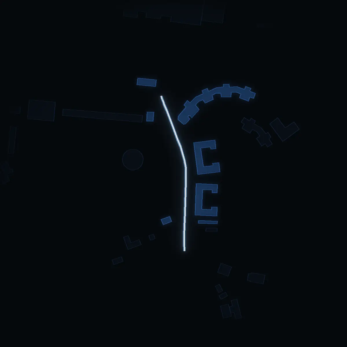 The street at night: Tre Källors väg drawn in white, its buildings lit in the colour of their area’s income