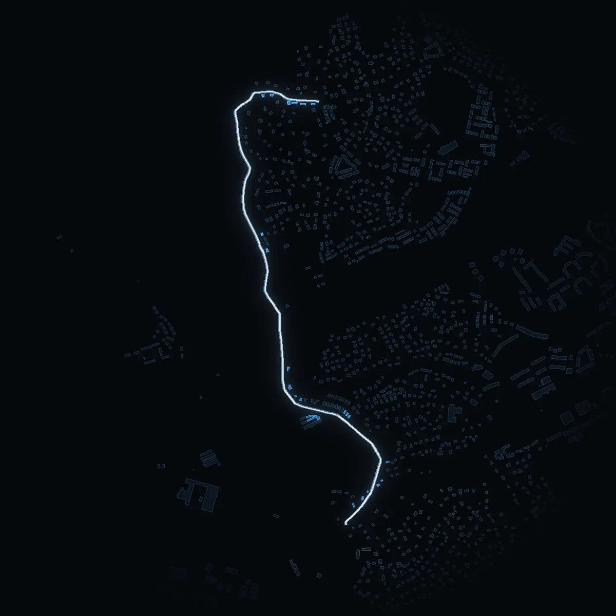 The street at night: Tullinge Strand drawn in white, its buildings lit in the colour of their area’s income